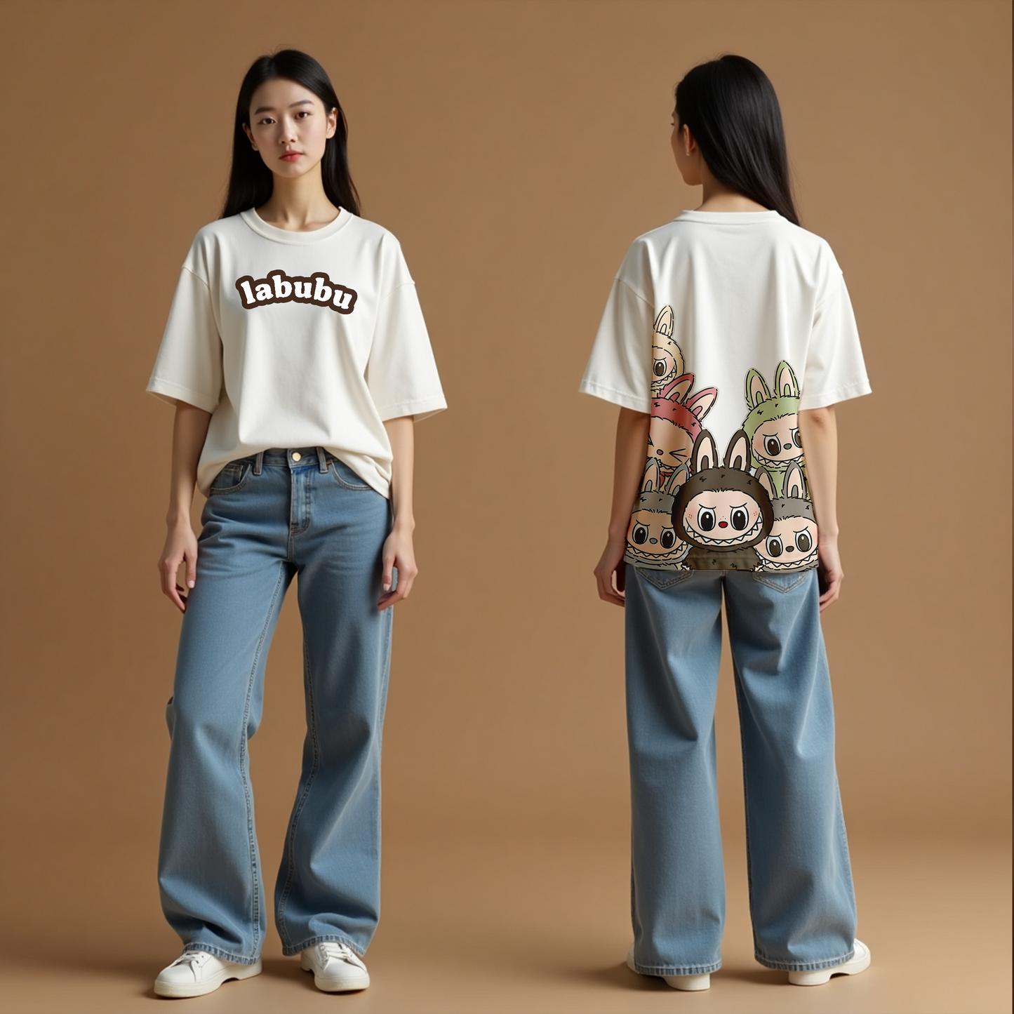 LAZE Oversized Labubu Doll Graphic T-Shirt – Unisex Streetwear White Tee